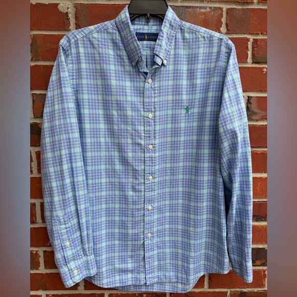 Polo Ralph Lauren Men’s Blue & Green Plaid L Long Sleeve Button Down Shirt T9 - Picture 7 of 7